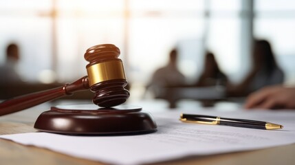 The gavel resting on legal documents in a modern courtroom setting.
