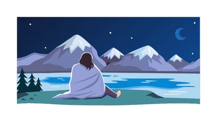 Woman enjoying night landscape scenery with mountains lake moon and stars in nature illustration vector