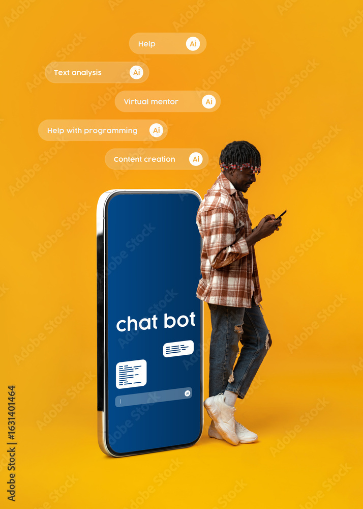 Poster young man interacting with a chatbot on a smartphone in a vibrant orange setting while standing besi