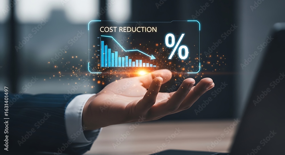 Aufkleber hand showing projected cost reduction with descending bar graph percentage sign and financial data o