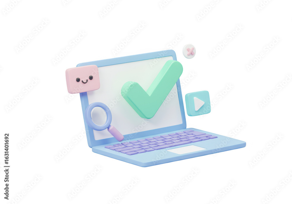 Poster a laptop displaying a large green checkmark, symbolizing success and confirmation, with search and p