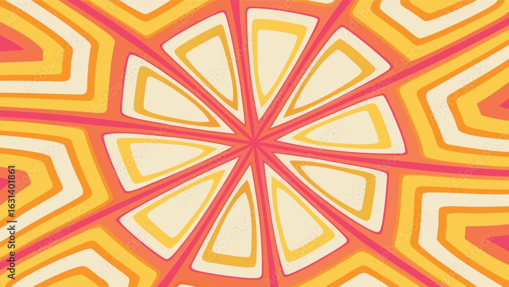 Poster abstract radial pattern with triangular shapes in shades of orange yellow and pink colors forming a 