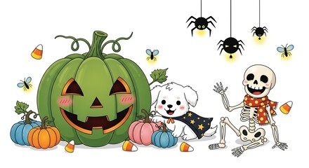 Fototapeta premium Adorable Halloween Cartoon: Puppy, Skeleton, and Jack-o'-Lantern with Candy Corn and Spiders.