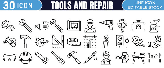 Tools, Repair, Handyman,  and Construction Equipment. Workshop Line Icons.