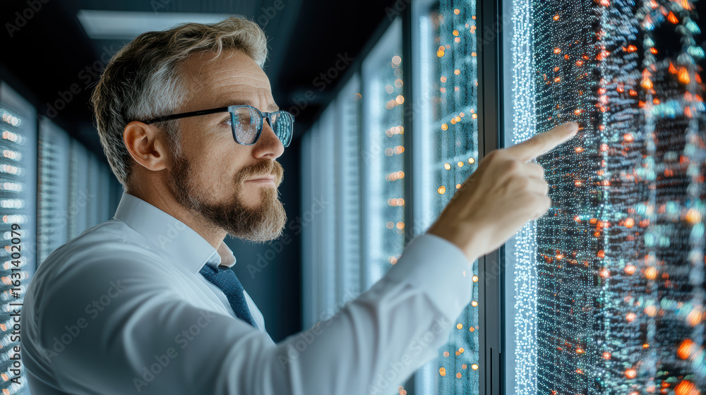 Poster data analyst examining digital information high tech environment, showcasing advanced technology
