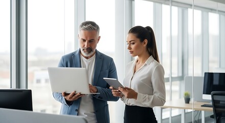 Two Professionals Collaborating in Modern Office Space Discussing a Project Man Holding Laptop Woman Tablet Against