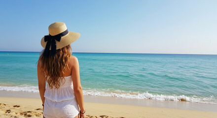 Young woman with long hair wearing a sunhat and white outfit standing on sandy beach facing the turquoise sea horizon.