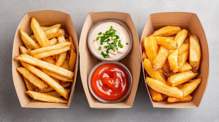 Crispy fries in three styles shoestring, wedge, and crinkle, served with sauces