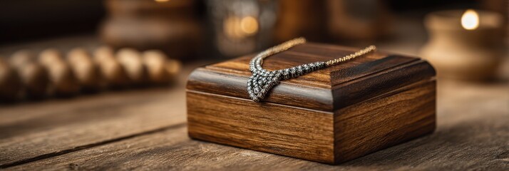 Elegant necklace resting on a wooden jewelry box amid soft candlelight in a cozy setting