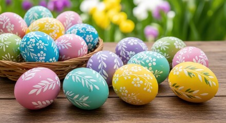 Fototapeta premium Vector art of a basket filled with vibrantly painted easter eggs, adorned with floral patterns, set against a wooden table and a backdrop of blooming spring flowers, celebrating the holiday