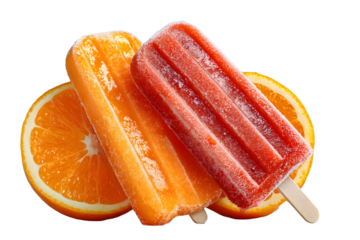 hyper realistic photo of Orange and strawberry popsicles isolated on white background. , copy space, copy space for text,