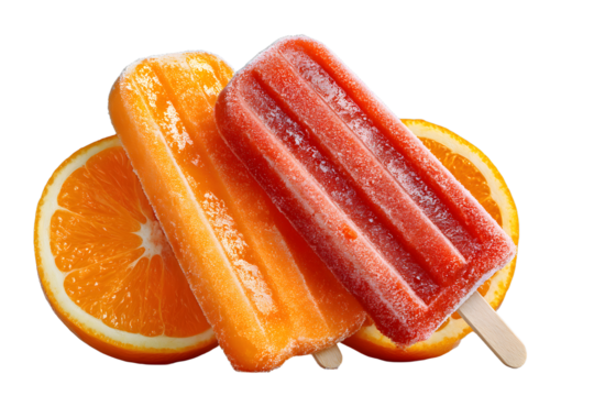 hyper realistic photo of Orange and strawberry popsicles isolated on white background. , copy space, copy space for text,