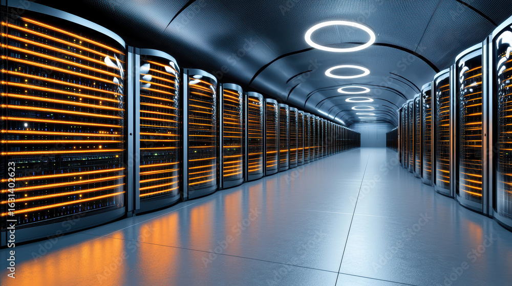 Poster high tech server room with illuminated racks and sleek design, showcasing advanced technology