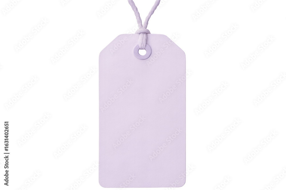 Poster purple blank tag with string dangling, transparent backdrop providing clean space for personalized l