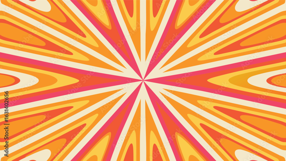 Poster abstract radial pattern with orange yellow and pink rays emanating from a central point design eleme