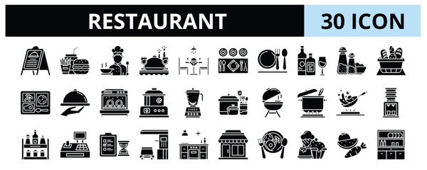 30 Restaurant Glyph Icons Vector - restaurant, food, cafe, table, meal, dinner, lunch, service