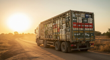 A truck loaded with containers travels down a dusty road at sunset, kicking up dust.