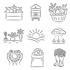 Line Art Garden Icons, Farm life set, Gardening, Farming, Apples, Beehive, Vegetables, Flower, Potatoes, Watering Cloud, Rubber Boots