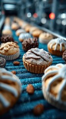 Freshly baked pastries on a conveyor belt in a bustling bakery during the afternoon rush