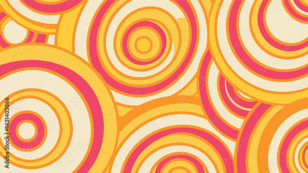 Poster overlapping concentric circles in yellow orange and pink create a retro groovy background pattern de