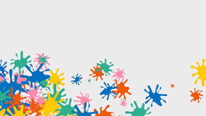 An abstract background features a pattern of colorful paint splatters scattered across a clean white surface. The design provides a playful and vibrant aesthetic. Great for backgrounds and decoration.