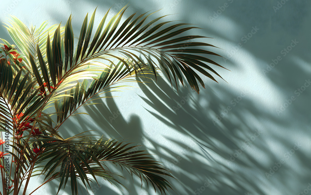 Poster blurred shadow from palm leaves on green wall. minimal abstract background for product presentation.