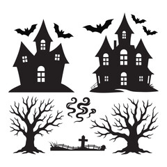 haunted mansion broken windows & fences vector set, Halloween dead tree silhouette, ai generated