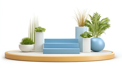 Abstract Botanical Display: A captivating minimalist scene features an array of lush potted plants, artfully arranged on elegant, pastel-hued platforms, evoking a sense of modern serenity. 
