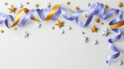 Festive Ribbon and Stars: A vibrant composition of curled ribbons and sparkling star adornments, perfect for celebratory designs.