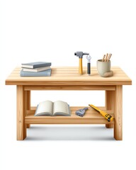 Workshop Table: A rustic wooden workshop table, laden with a selection of essential tools, and books. An invitation to creativity and craftsmanship.