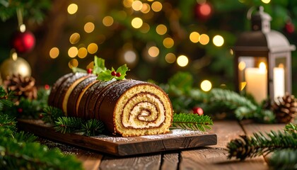 Delicious Christmas Yule Log Cake with Festive Decorations  Bokeh Lights.
