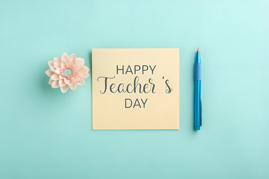 Happy Teacher's Day Greeting Card with Elegant Flower and Pen on Blue Background, Creative Design for Teacher Appreciation