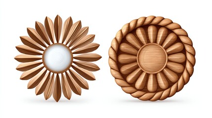 Wooden Floral Ornament : Two beautifully crafted wooden ornaments, each a stunning display of artistry, showcase intricate floral patterns and textures.