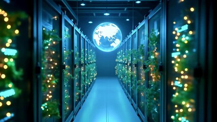 Futuristic data center with illuminated servers, greenery, and a digital globe in the background - Powered by Adobe