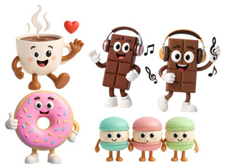Naklejka premium Adorable 3D Sweet Treat Characters – Coffee, Chocolate, Donut & Macarons