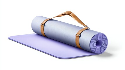 Yoga Mat Ready for Practice: Rolled-up yoga mat with strap and buckle set against the yoga practice field, waiting for the start of a peaceful and restorative session.