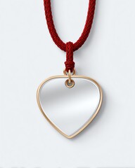 Heart-shaped pendant on red cord: This exquisite heart-shaped pendant, crafted from gleaming gold, hangs delicately from a vibrant red cord, a timeless emblem of love, affection, and sentiment.