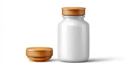 Minimalist Pharmaceutical Container: A clean, product shot of a sleek, minimalist pill bottle with a wooden cap, signifying health and wellness.