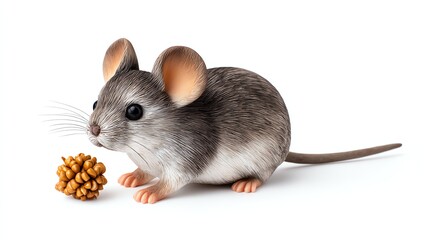 Curious Mouse and Food: A charming mouse gazes intently at a piece of food, its tiny features and whiskers are rendered in stunning detail against a subtle backdrop.