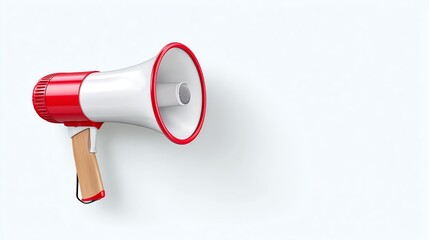 Megaphone Announcement: A detailed digital rendering of a megaphone in vibrant red and white tones, ready to broadcast an announcement, the design evokes clarity and attention.