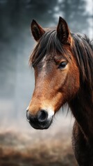 Obraz premium Majestic horse amidst misty forest in early morning light highlights nature's beauty and tranquility