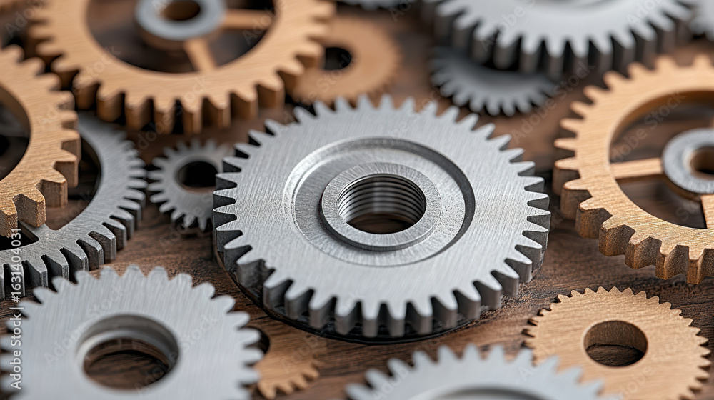 Poster interlocking gears metallic shades create dynamic composition, showcasing precision