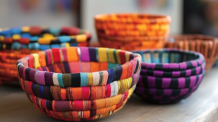 Decorative bowls made from handwoven fabric strips for unique home accents. .