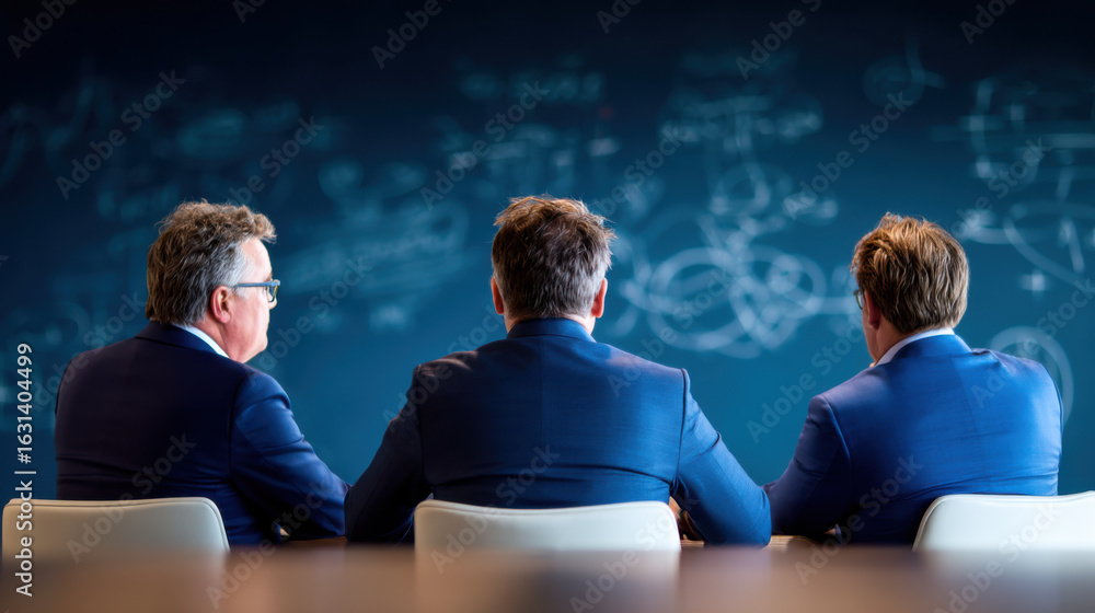 Poster three professionals sit together, facing a chalkboard filled with diagrams and notes, engaged in a c