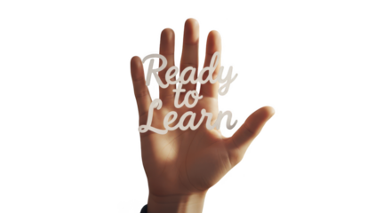 Open hand with white text saying ready to learn isolated on transparent background