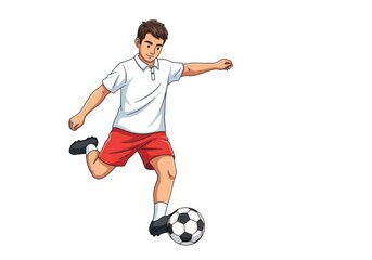 Young soccer player in uniform kicking a ball on the field during a game