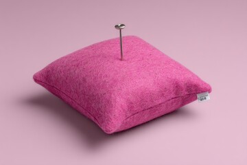 Pink felt pincushion, square shape, small, with a metal pin