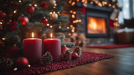 Two red candles and pinecones beside a Christmas tree and fireplace with festive lights, Generative AI