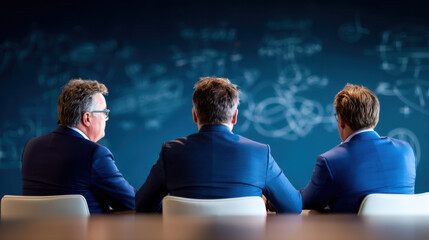 Three professionals sit together, facing a chalkboard filled with diagrams and notes, engaged in a collaborative discussion or brainstorming session.