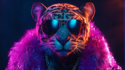 A lively animal concept showcasing a leopard wearing a sparkling neon disco outfit adorned with sequins and shine, with space for text — ideal for commercial use, editorial ads, or party invitations